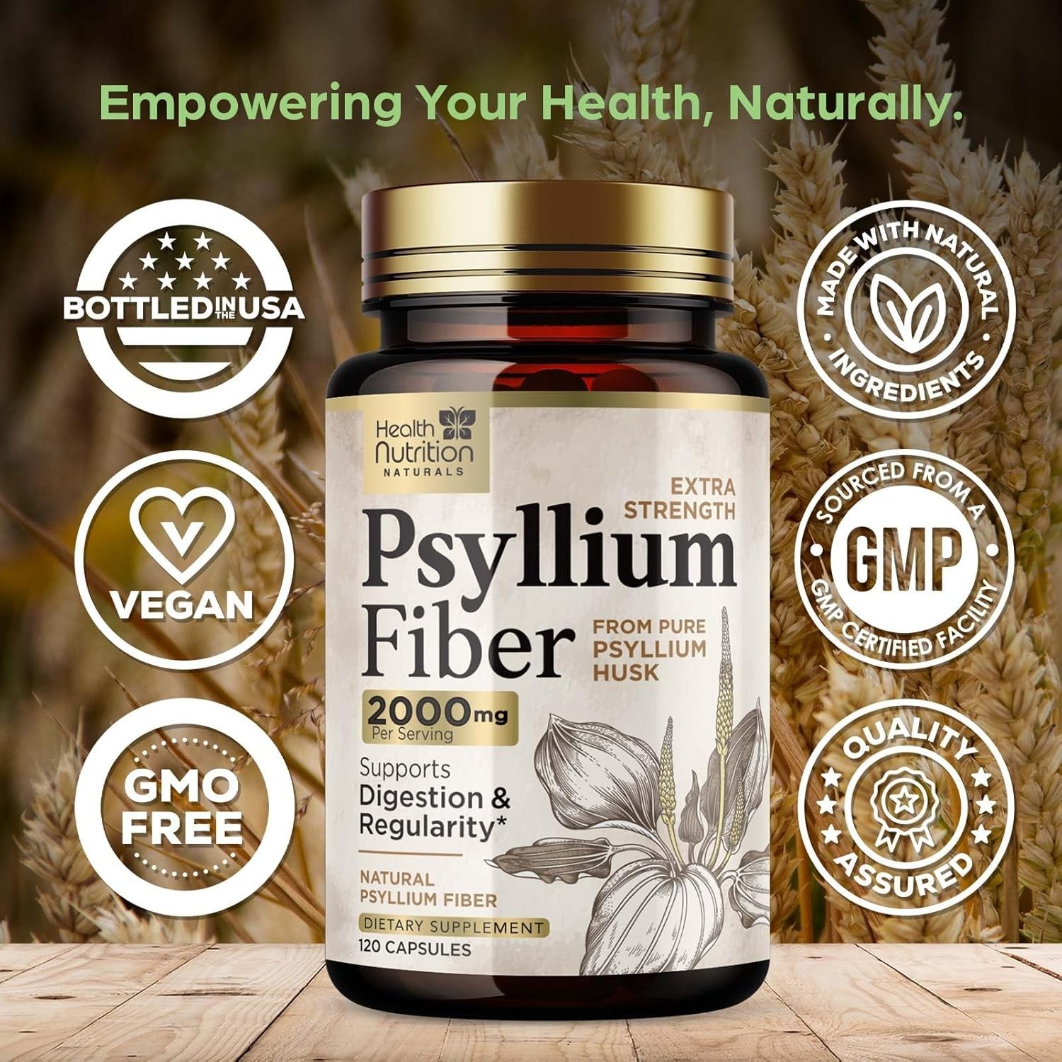 High Absorption Psyllium Husk Fiber Caps 2000 mg, Natural Soluble Fiber Capsules