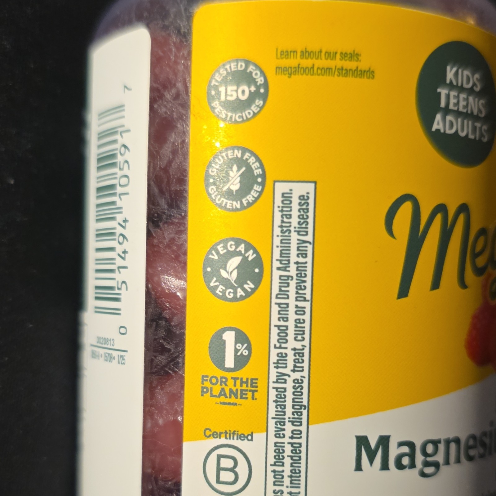 MegaFood Magnesium Citrate Gummies 100mg Raspberry Gluten-Free Vegan 60 Ct