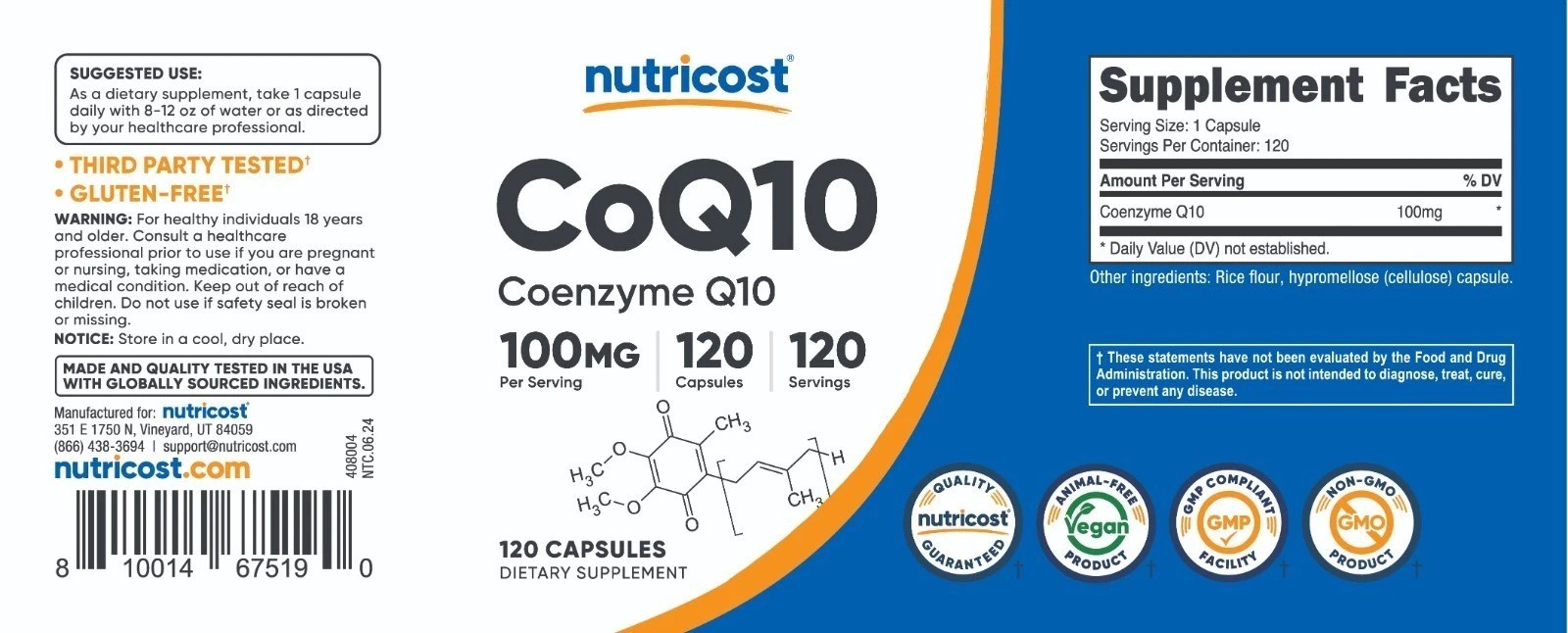 Nutricost CoQ10 100mg, 120 Capsules, Vegetarian Capsules, Non-GMO (Coenzyme Q10)