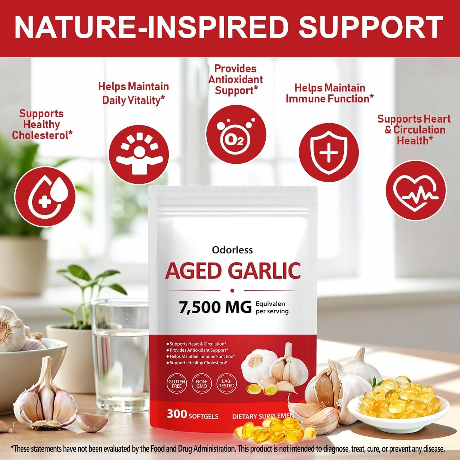 1 PACK AcentiaLabs Aged Garlic Extract, 300 Softgels, 7500mg | Heart & Immune