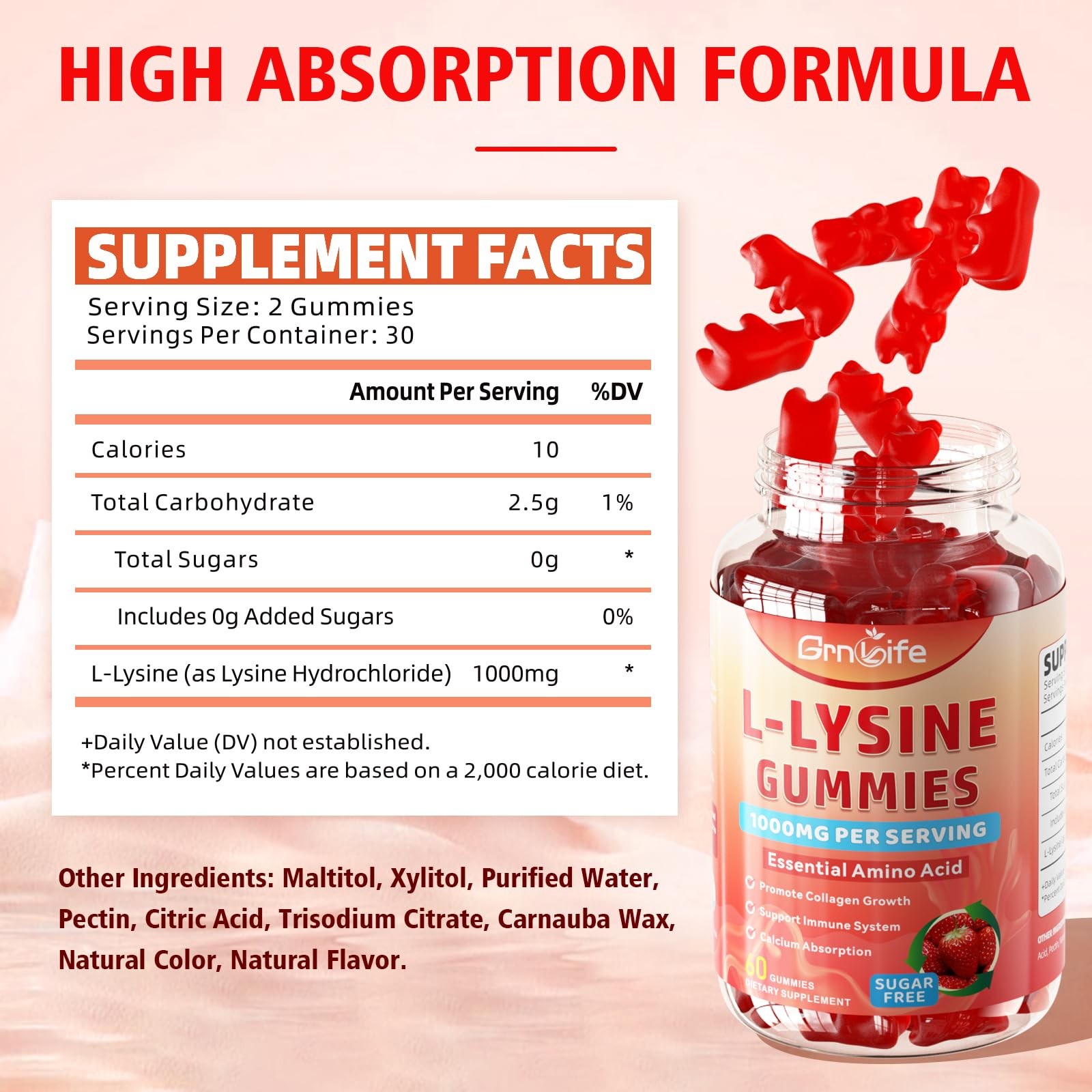 2 Pack L-Lysine 1000mg Gummies, Chewable Lysine Supplement for Adults & Kids,…