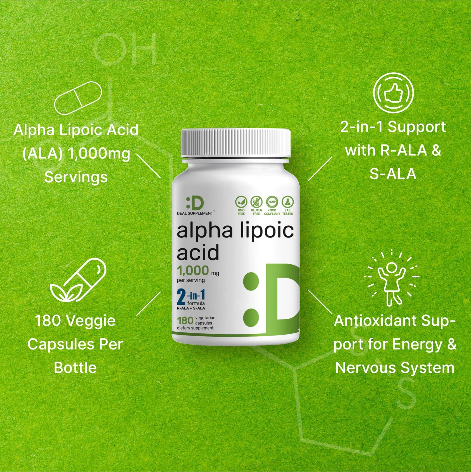 Alpha Lipoic Acid 1,000Mg, 180 Veggie Capsules – 50/50 R-ALA & S-ALA for Max Bio