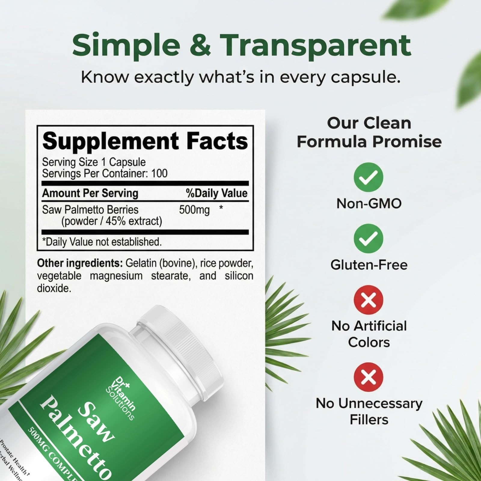 Saw Palmetto for Men 500mg Prostate Health, 45% Extract, DHT Blocker