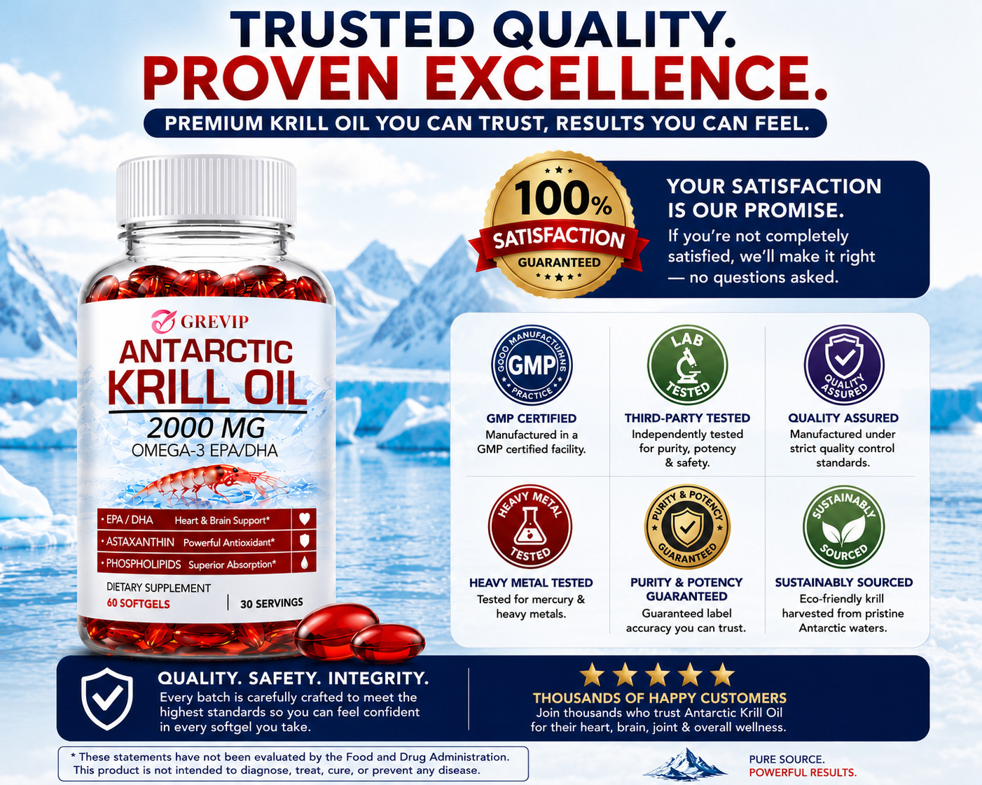 Antarctic Krill Oil 2000mg Omega 3, EPA, DHA, Astaxanthi For Heart, Brain, Joint