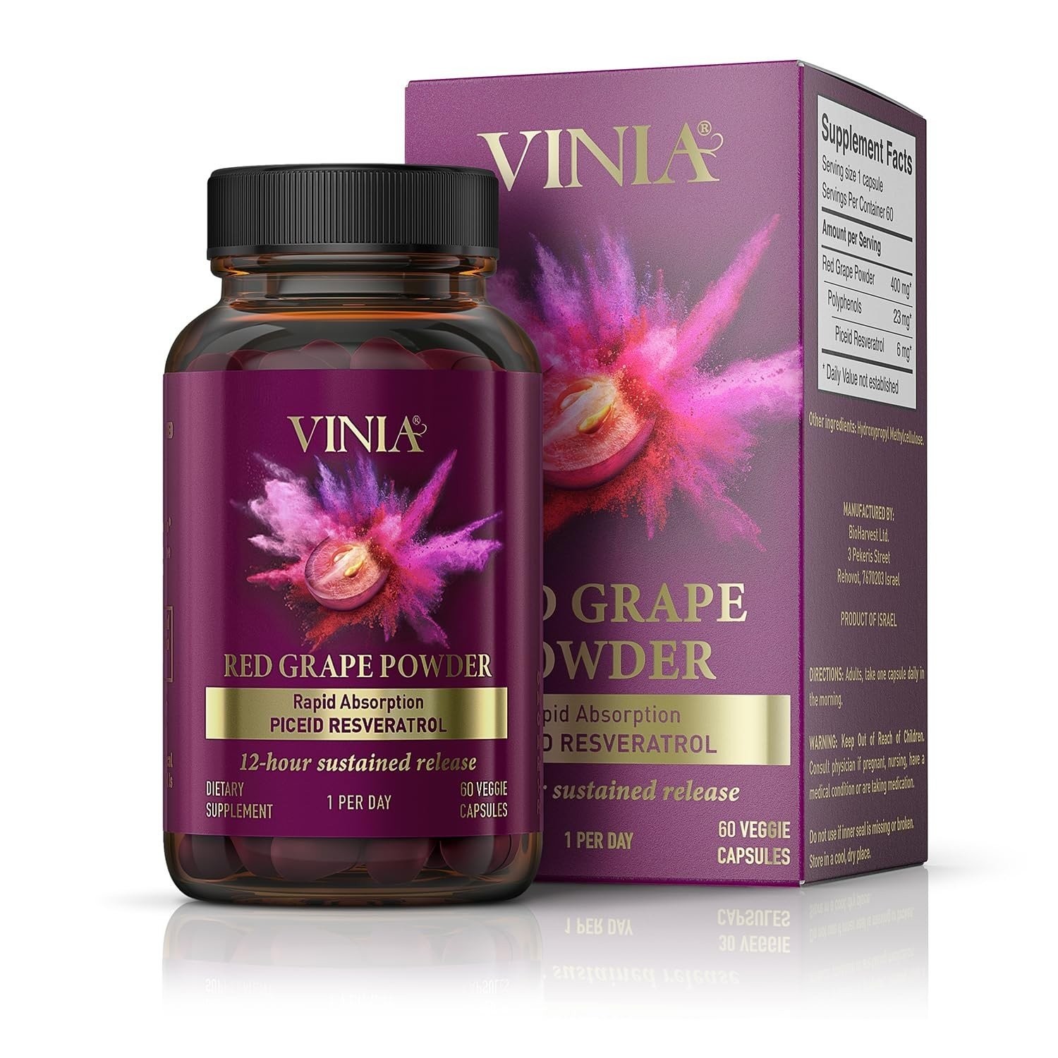 (3 Packs) Vinia Red Grape Powder Rapid Absorbtion Piceid Resveratrol 180Capsules