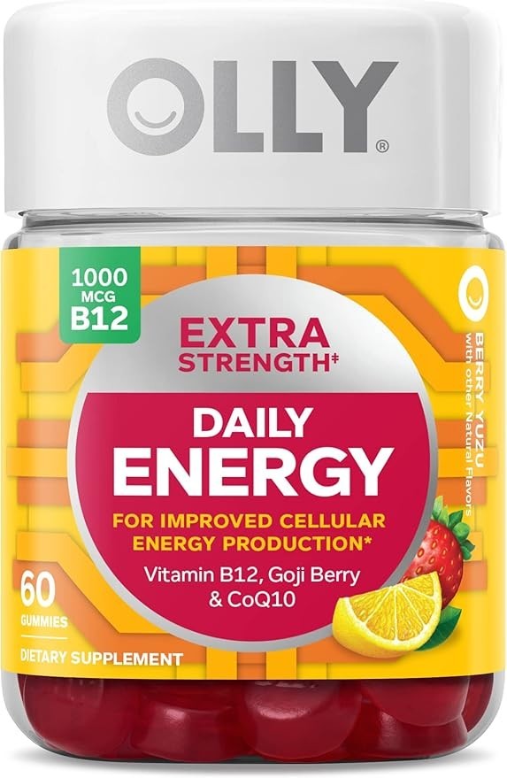 OLLY Extra Strength Daily Energy Gummy, Caffeine Free, 1000mcg Vitamin B12 60 Ct