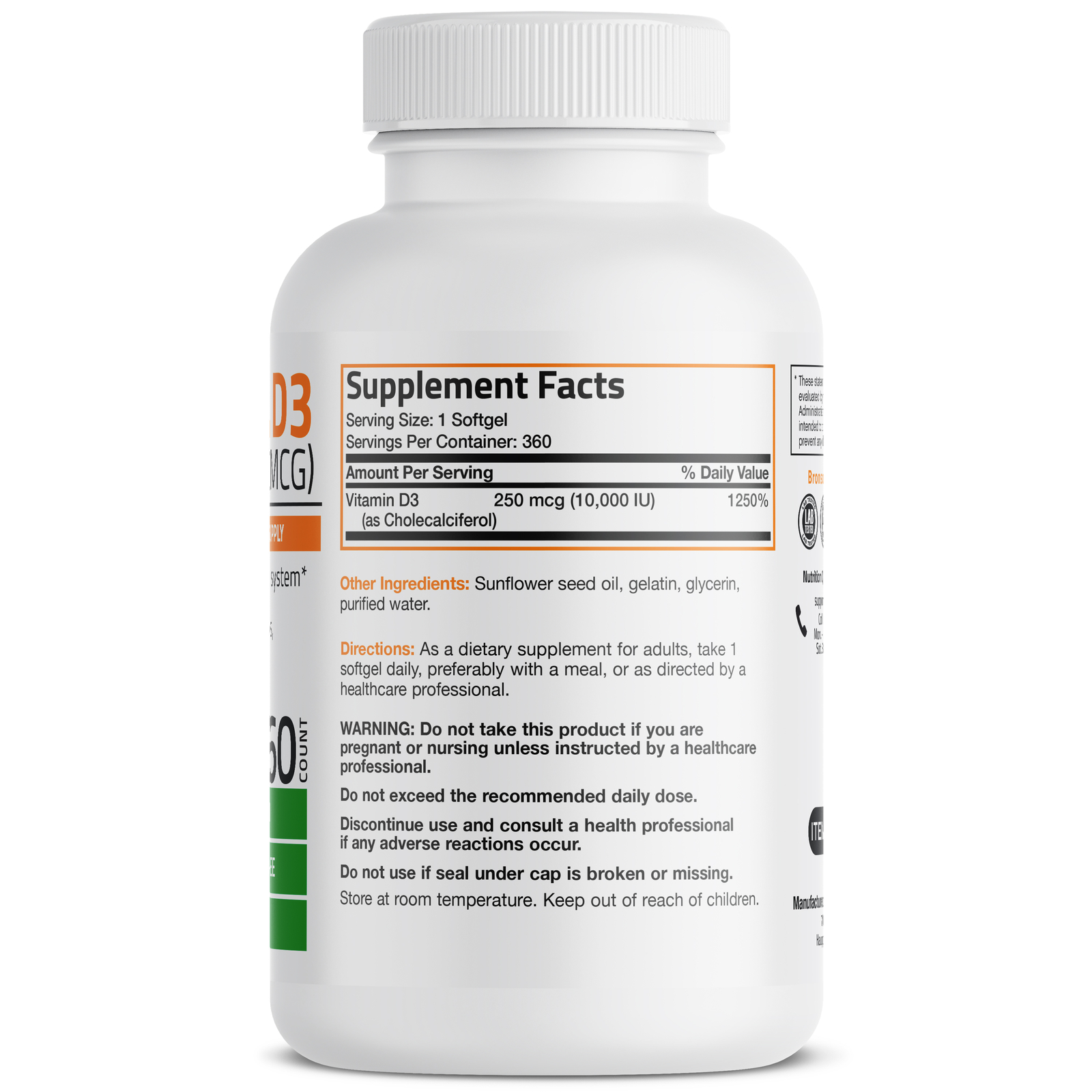 Vitamin D3 10,000 IU (250 mcg) High Potency Non GMO 360 Softgels (1 Year Supply)