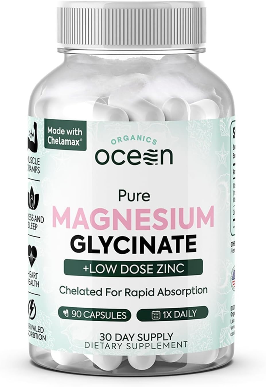 US Organics Ocean Pure Magnesium Glycinate with Zinc – Maximum Strength Chelated