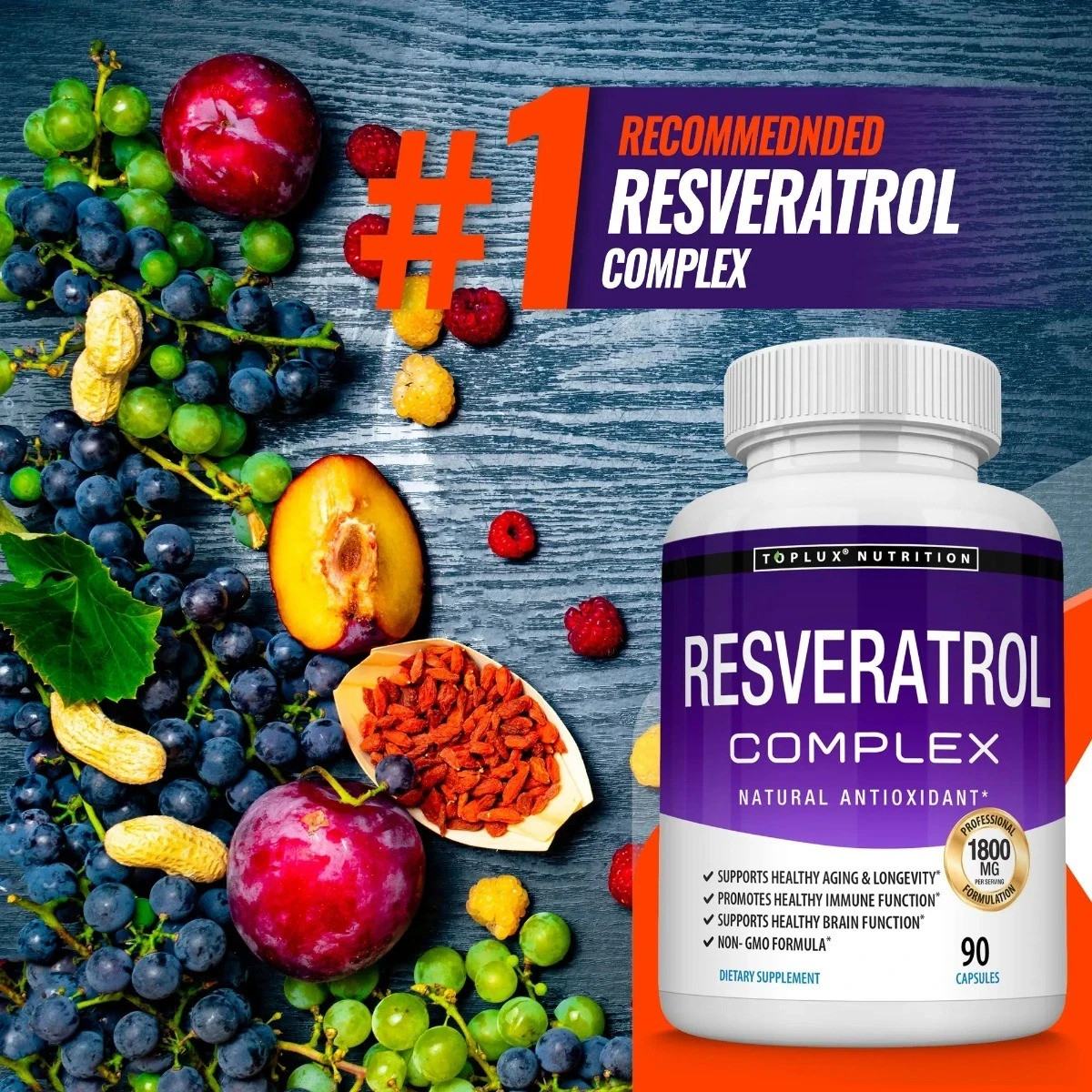 1800mg Resveratrol Complex Capsules, Anti Aging Heart Immune Support 90ct