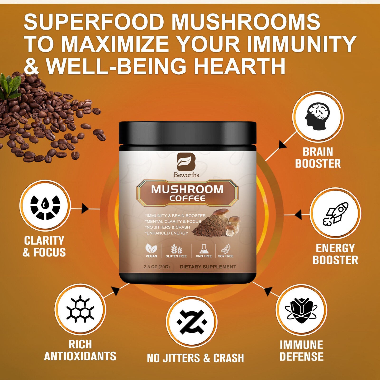 5Pack*70g10 Mushroom Coffee Instant Blend – Lion’s Mane, Cordyceps & Reishi
