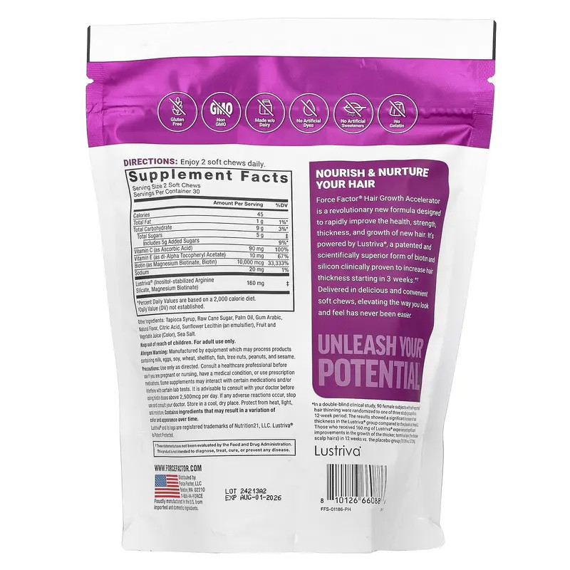 Force Factor Hair Accel Gummies – Grow Thicker Hair – 120 Mixed Berry