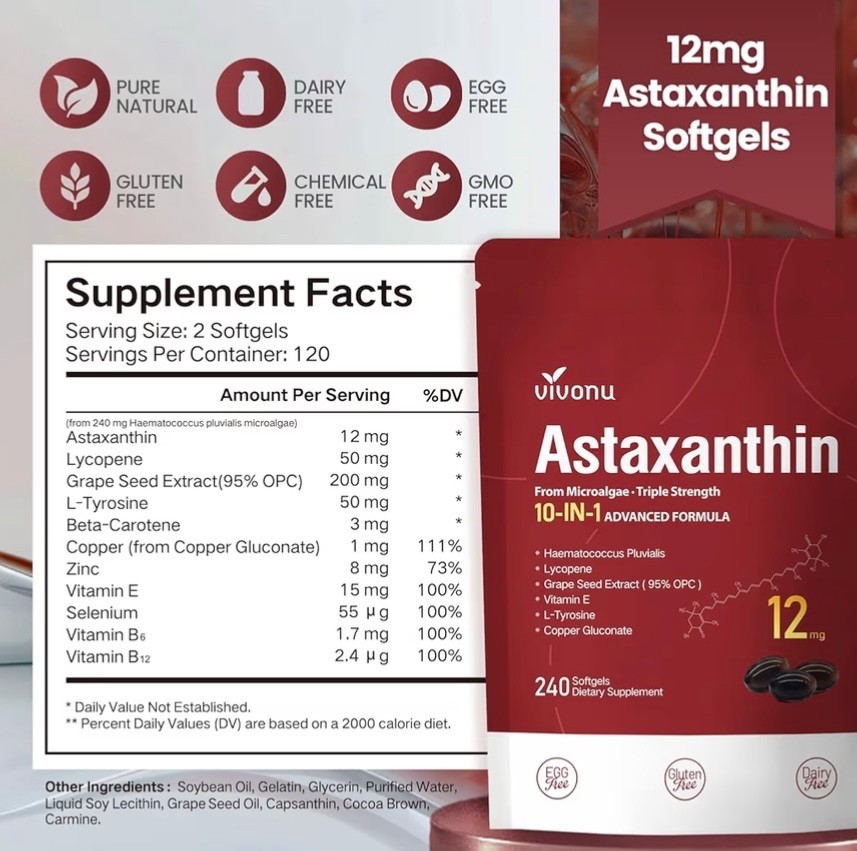 Astaxanthin 12mg 240 Softgels, 4 Month Supply,Triple Strength,Non-GMO,Eye Health