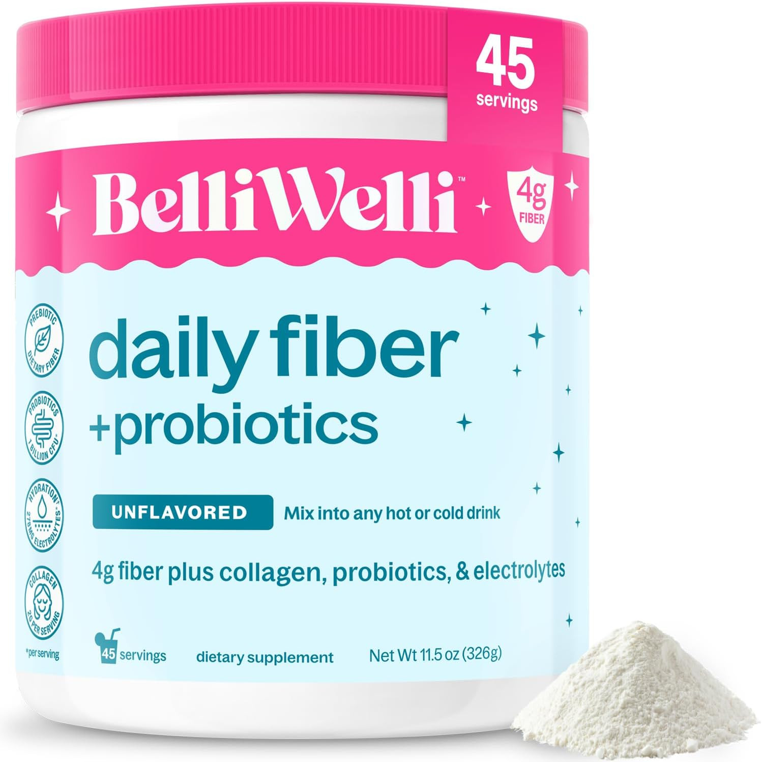 Belli Welli Daily Fiber Powder Collagen Probiotics Electrolytes 45 Servings..