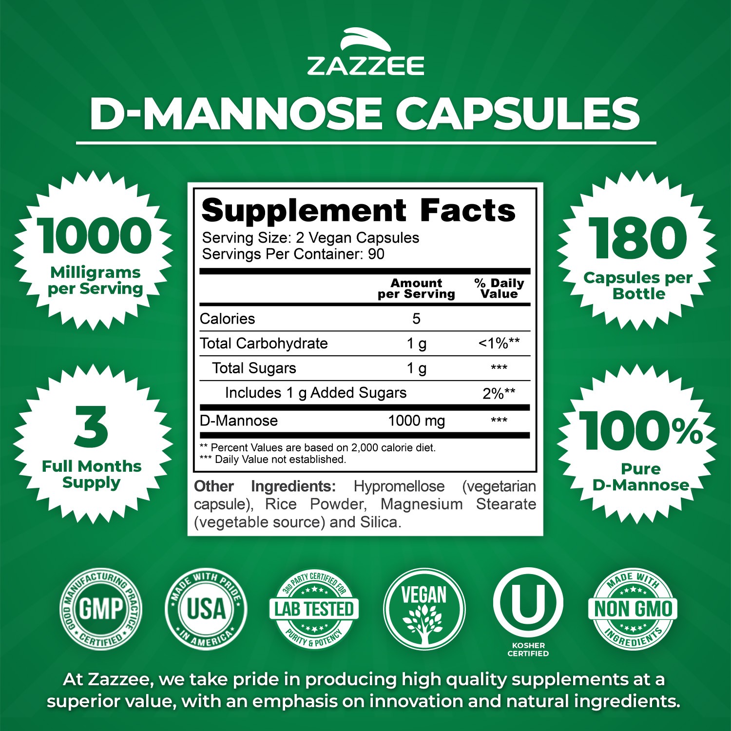D-Mannose Capsules 180 Veggie Caps 1000mg 100% Pure UTI Relief Urinary Tract USA