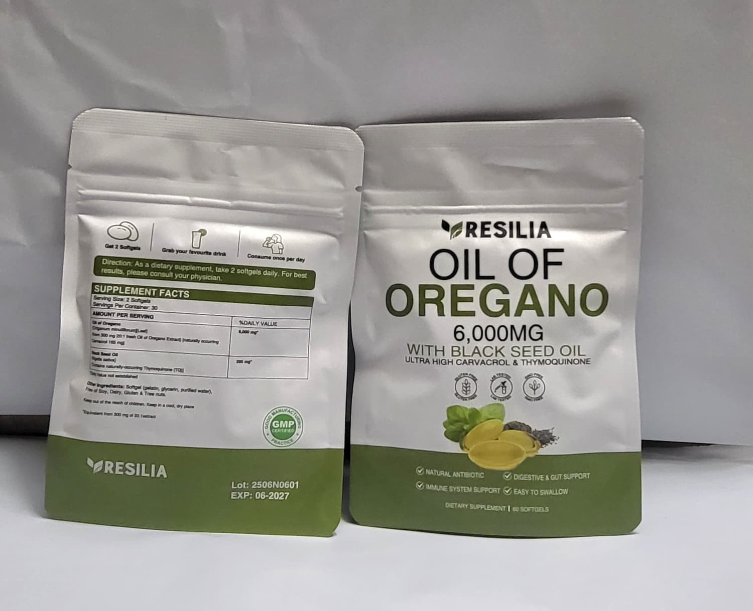 2 Sealed Resilia Oil Of Oregano 6,000 Mg, With Black Seed Oil, 60 Softgels Each