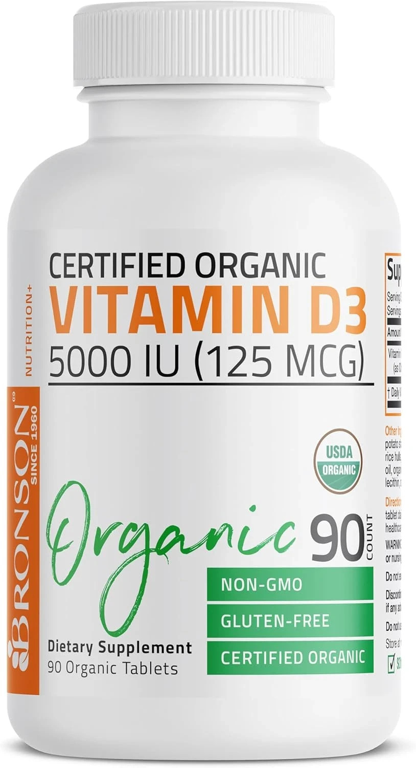 Bronson Vitamin D3 5000 IU Certified Organic Vitamin D Supplement 125mcg Tablets