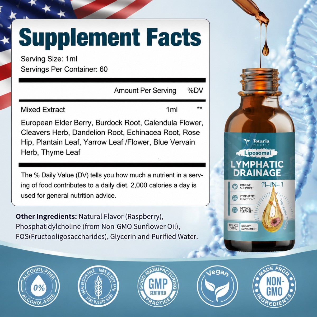 Totaria Liposomal Lymphatic Drainage Drops 11-in-1 Herbal Lymph Support 60ml