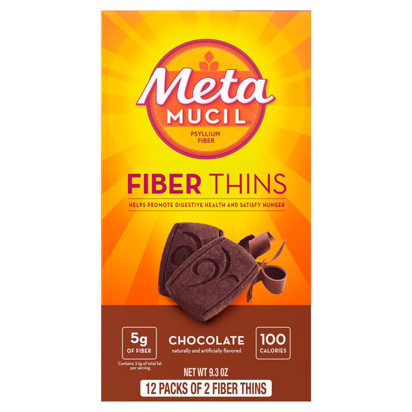 (4 pack) Metamucil Fiber Thins, Chocolate, Psyllium Husk Fiber Snack