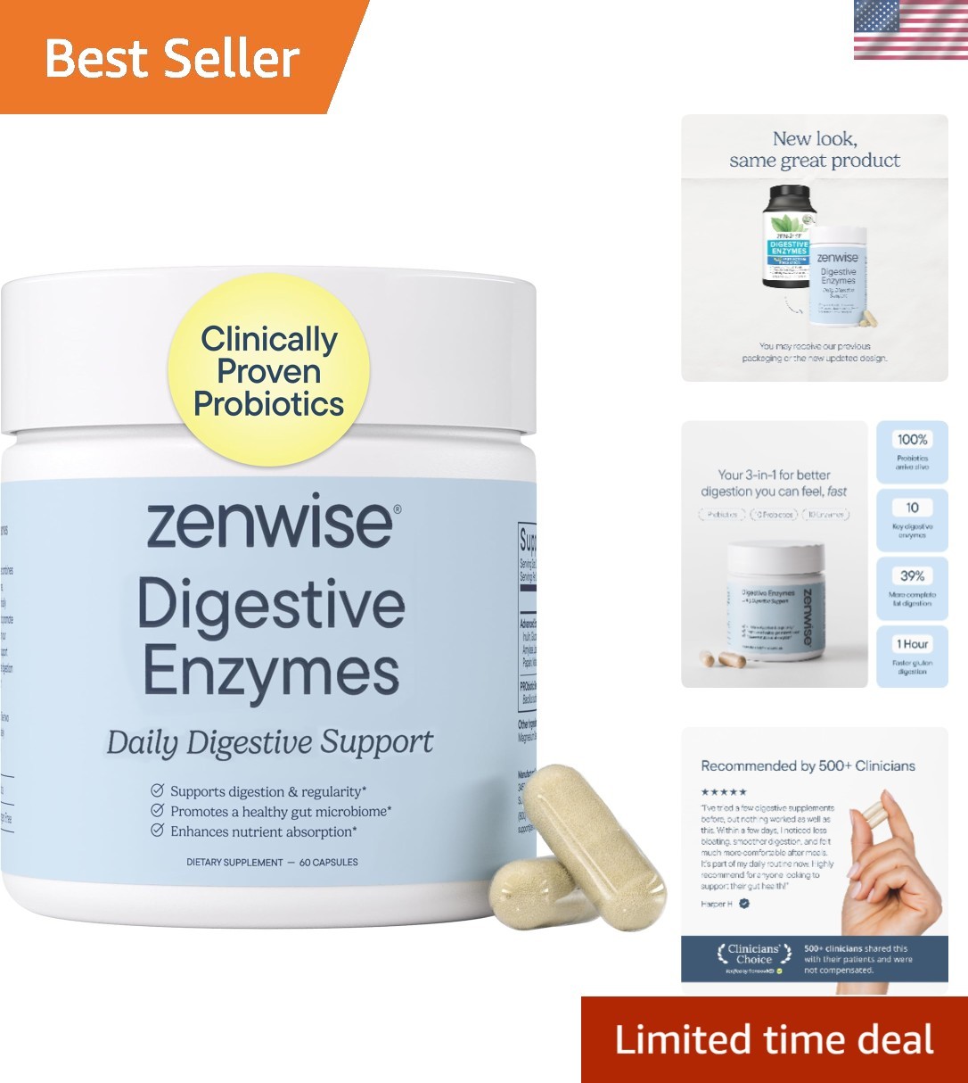 Zenwise Digestive Enzymes with Bromelain & Papaya – 60 Vegetarian Capsules
