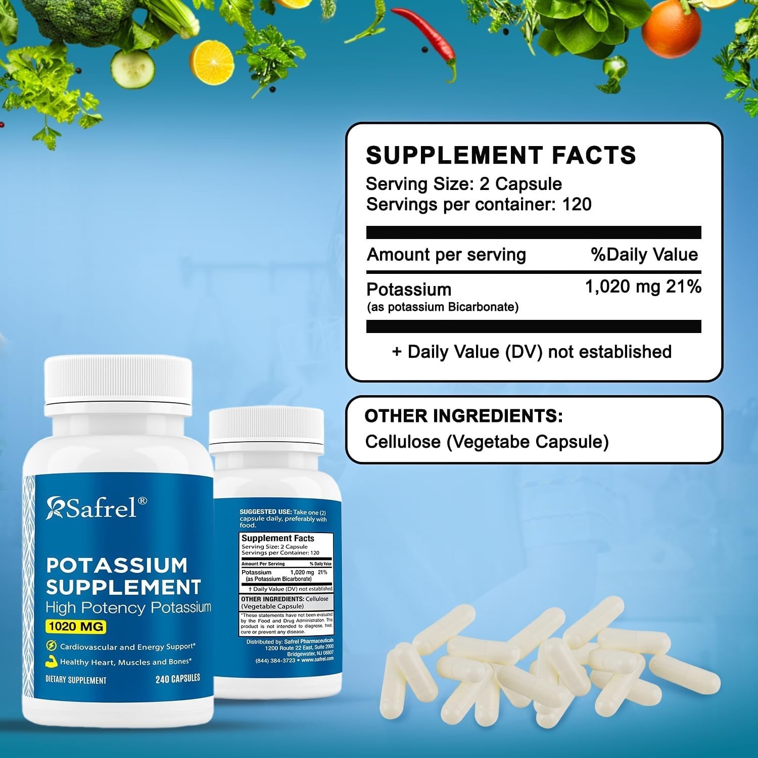 High Potency Potassium Supplement 1020 mg, 240 Vegetarian Capsules, Gluten-Free