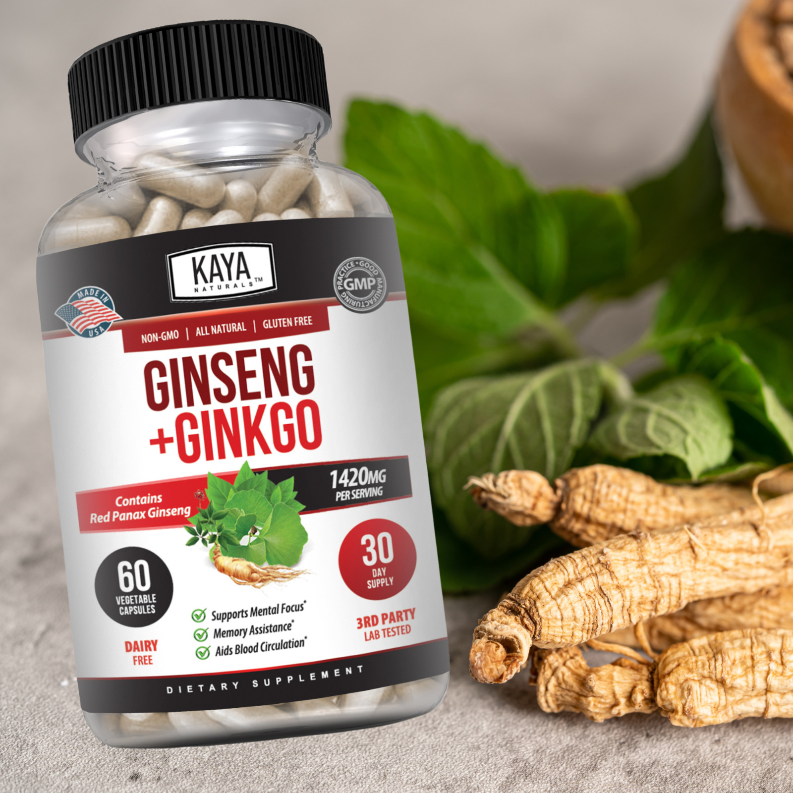 (2 Pack) Ginseng + Ginkgo for Brain Function, Blood Flow, Anti Inflammatory