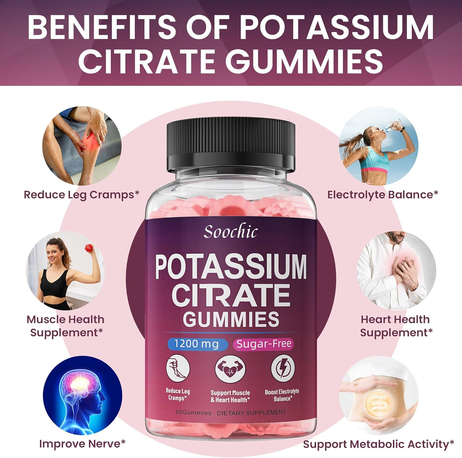 Potassium Citrate Gummies 1200mg Sugar Free Vegan Raspberry Flavor 60 Count