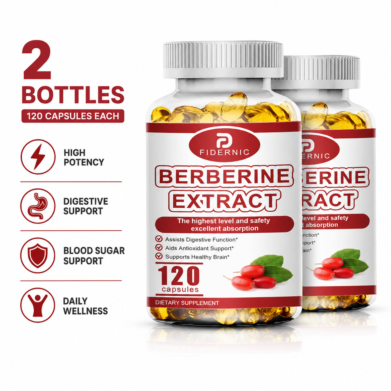2 Bottle Berberine HCL 120 Capsules High Potency Dietary Supplement