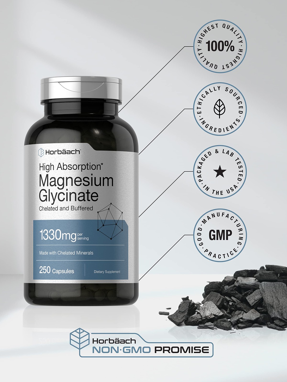 Horbaach Magnesium Glycinate 1330mg | 250 Capsules | 250 Count (Pack of 1)