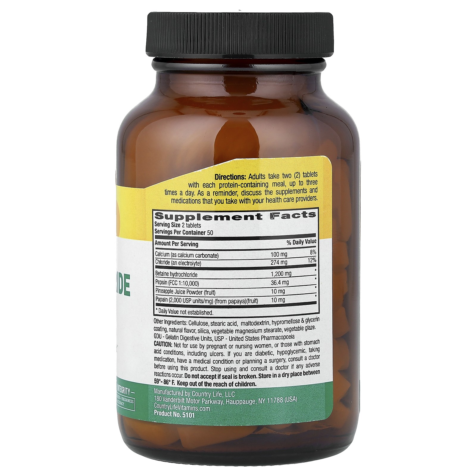 Betaine Hydrochloride with Pepsin, 600 mg, 100 Tablets