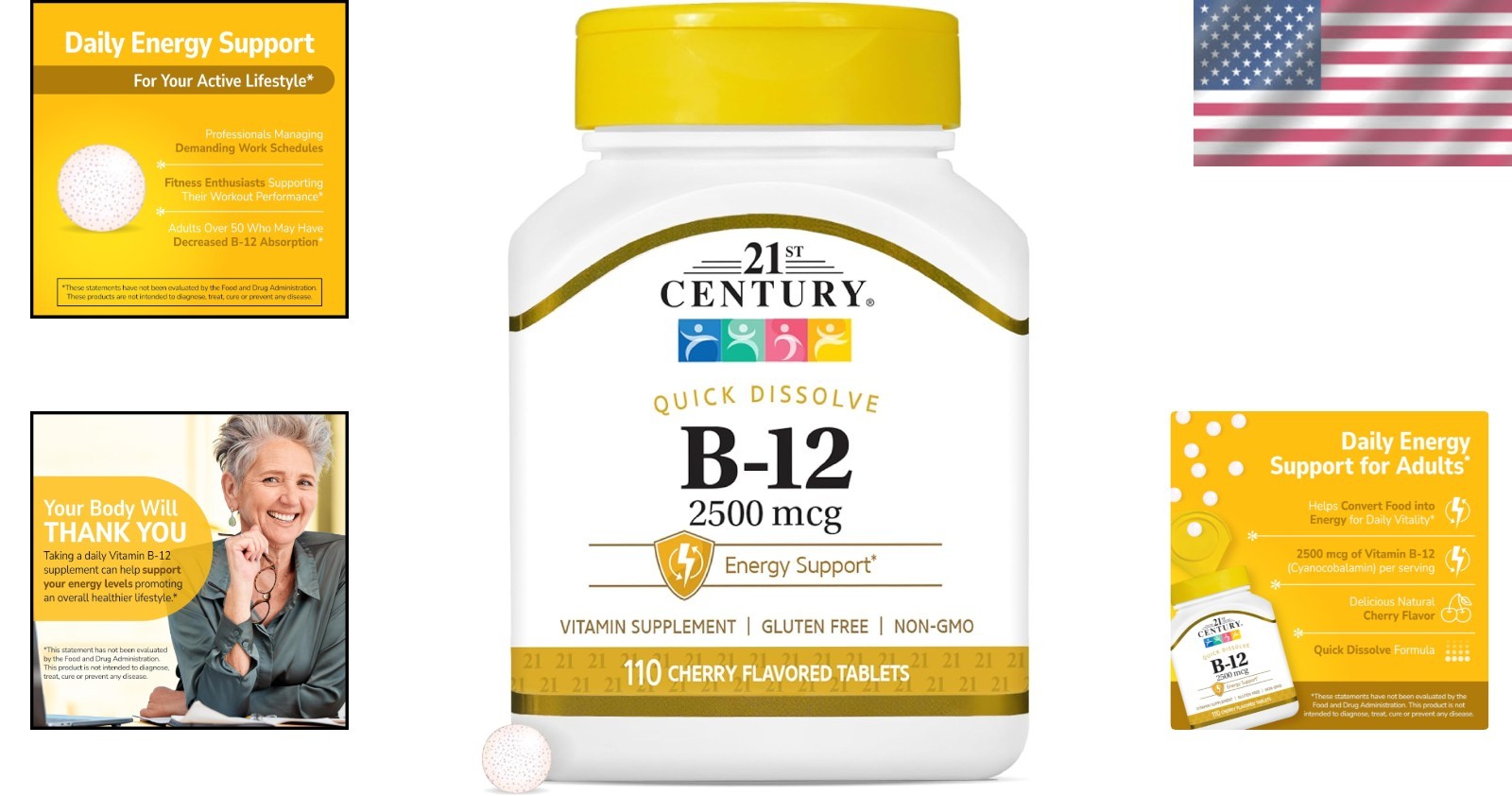 Cherry Flavor B-12 2500 mcg Tablets – Quick Dissolve for Natural Energy, 110 Ct