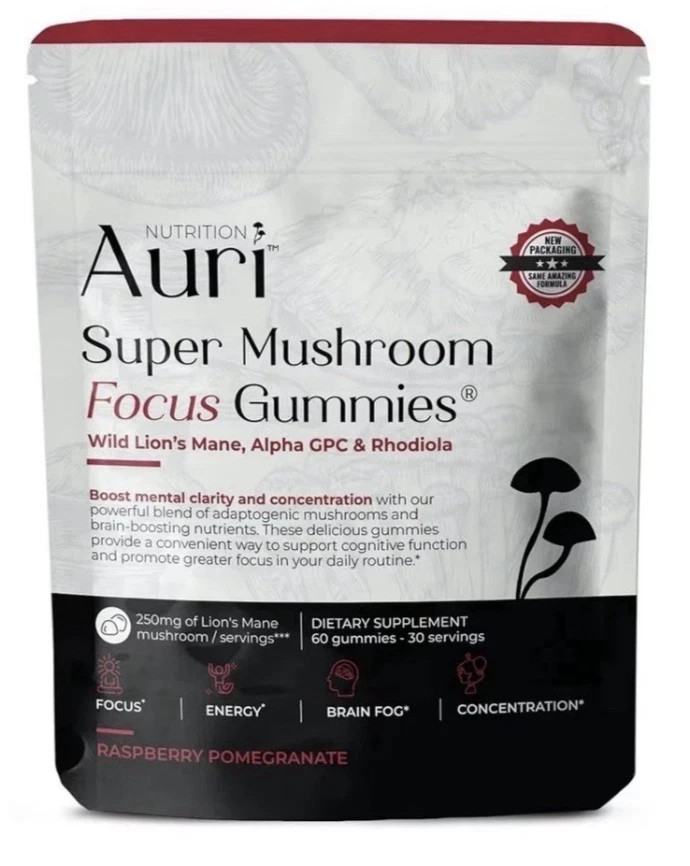 Auri Super Mushroom Focus Gummies 60 Ct Lion’s Mane Raspberry Pomegranate, New