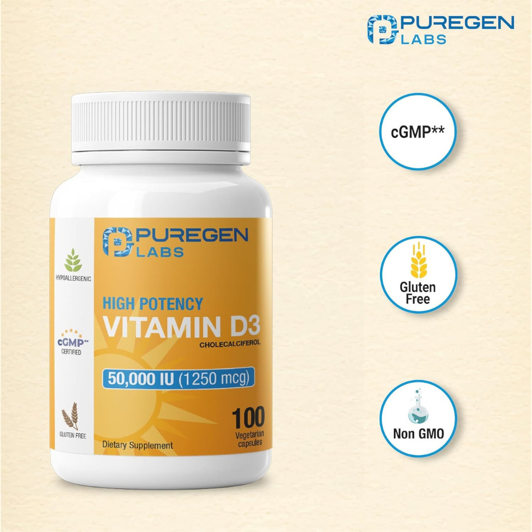 Puregen Labs Vitamin D3 50000 IU 100 Capsules Weekly Bone Immune Support
