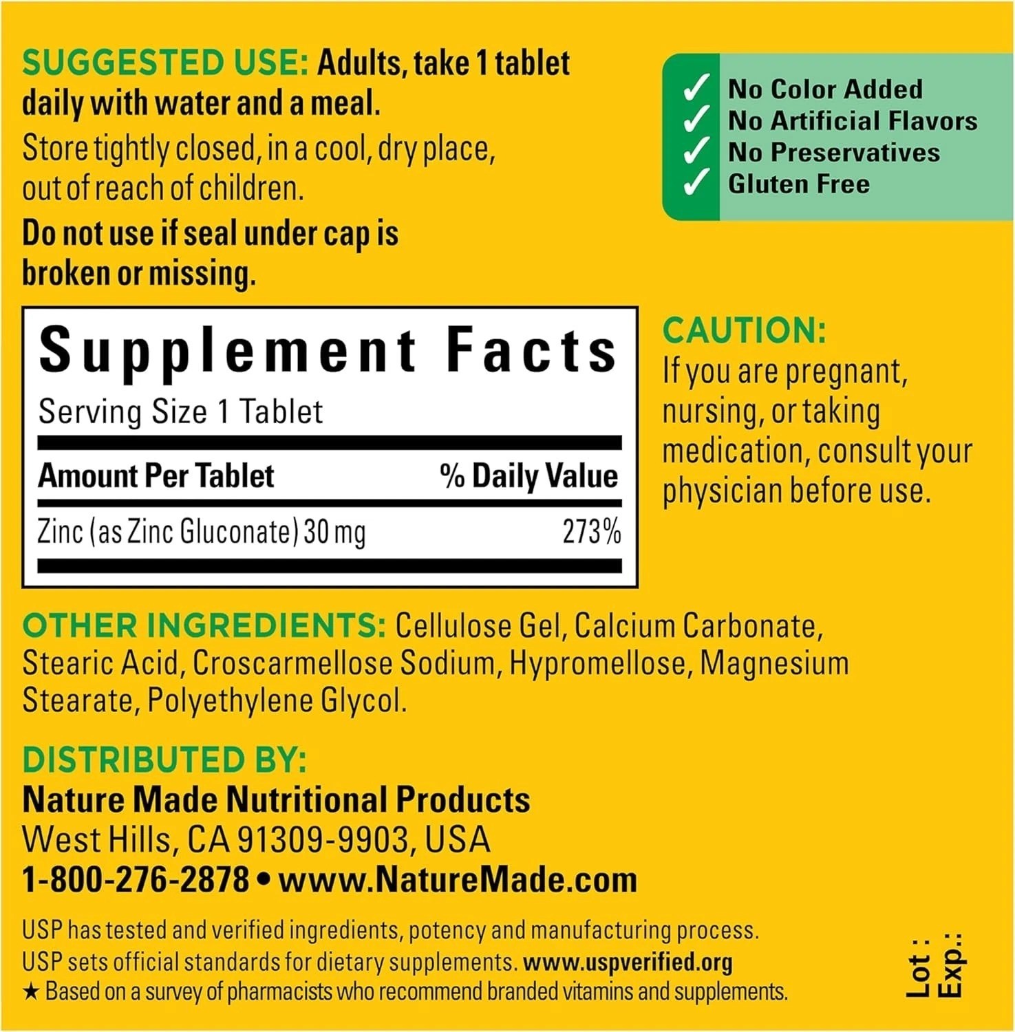 Nature Made Zinc 30 mg Dietary Supplement Immune Health and Antioxidant 100 Tabs
