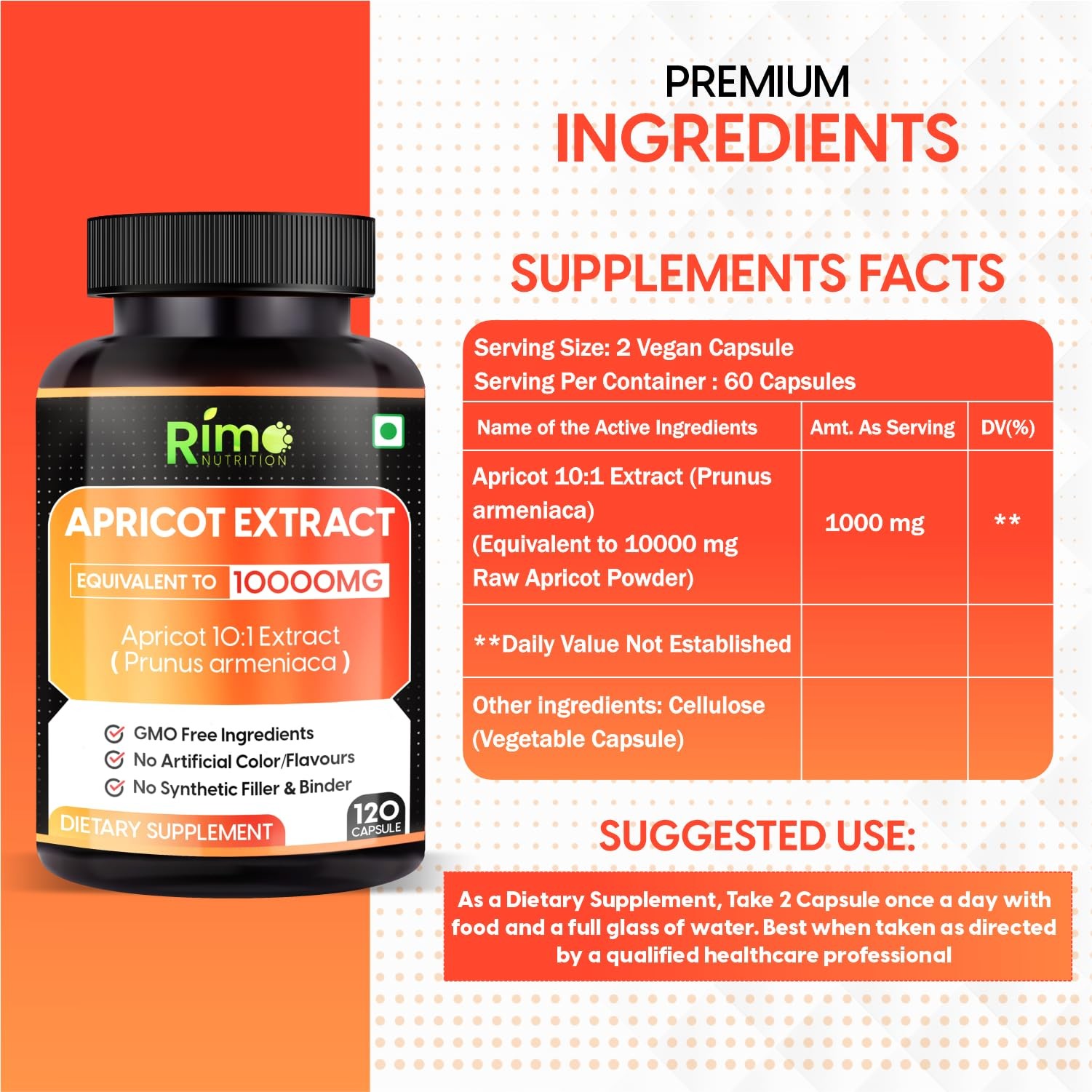 Rimo Nutrition Apricot Capsules (120 Capsules) (Pack of 120 Count 1)