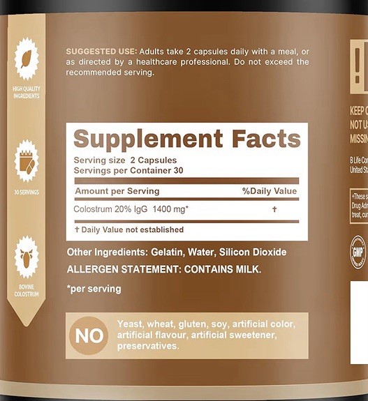BLife Bovine Colostrum 1400mg Immune Gut Support 60 Caps Exp 04/2028