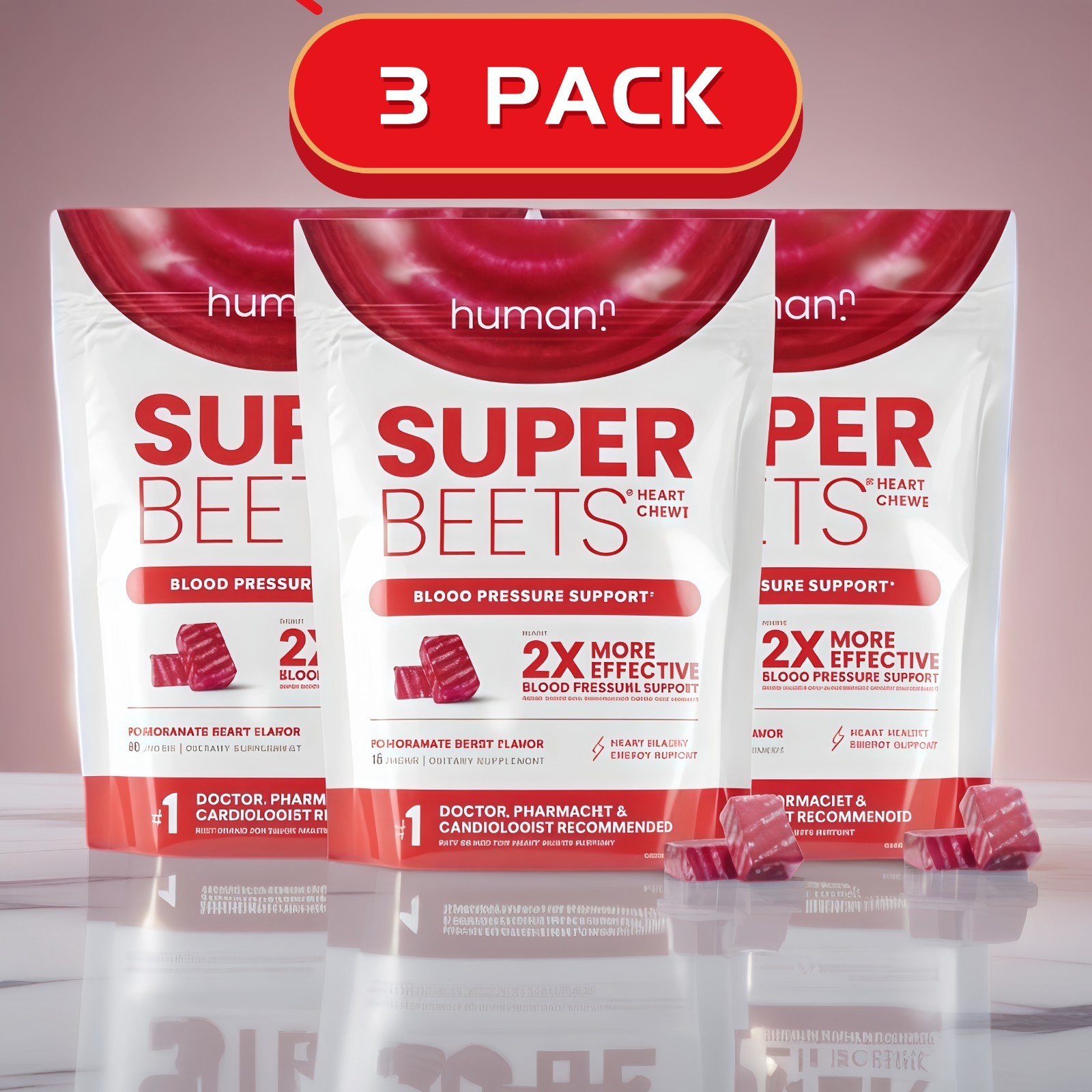 3 PACK Humann SuperBeets Heart Chews: Nitric Oxide & Blood Pressure Support, 180
