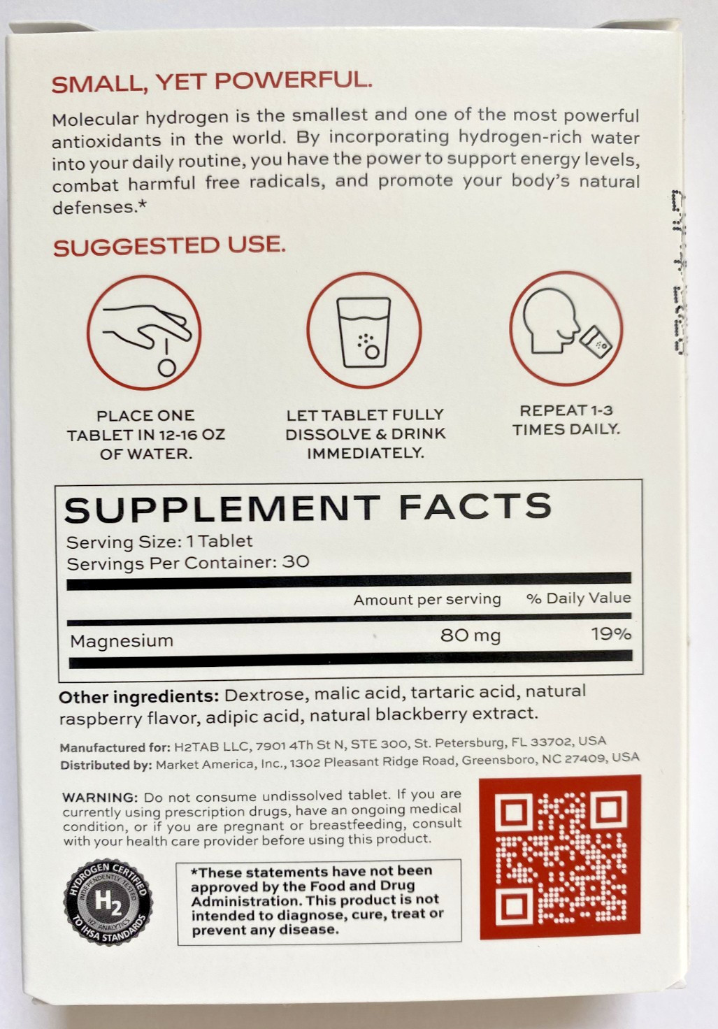 Molecular H2TAB Hydrogen Tablets – 12 PPM – Antioxidant – 30 Tablets – Raspberry