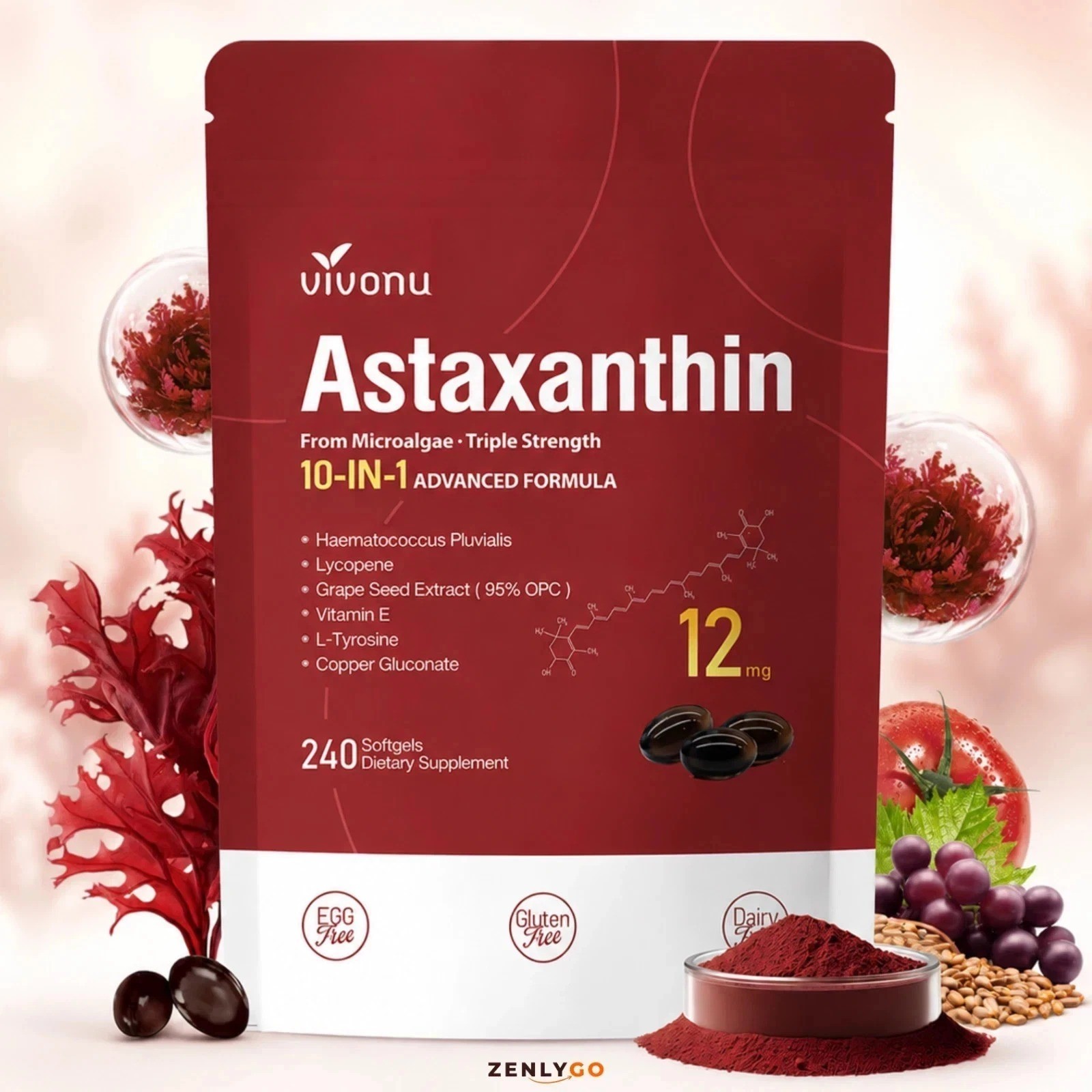 Astaxanthin 12mg 240 Softgels, 4 Month Supply,Triple Strength,Non-GMO, (2 Pack)