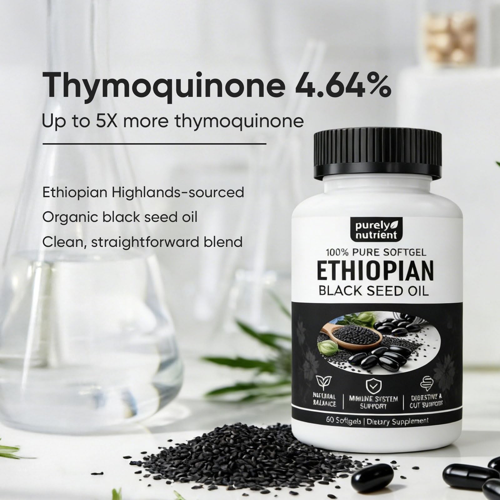 Organic Black Seed Oil Capsules – 4.64% Thymoquinone, Non-GMO, Gluten-Free, 60 S