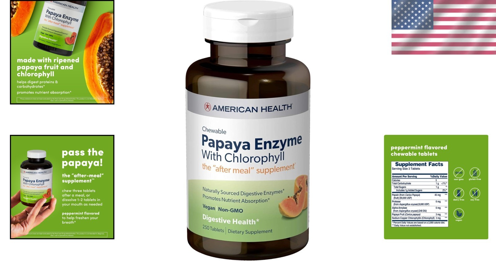 Natural Papaya Enzyme & Chlorophyll, 250 Chewable Tablets for Digestive Support