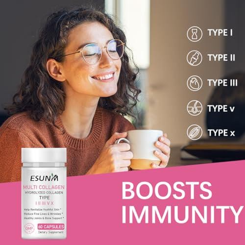 ESUNM Multi Collagen Capsules for Women and Men – Type I, II, III, V, X – with C