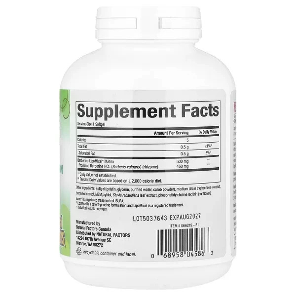 Natural Factors Berberine LipoMicel Matrix, 500 mg, 90 liquid softgels