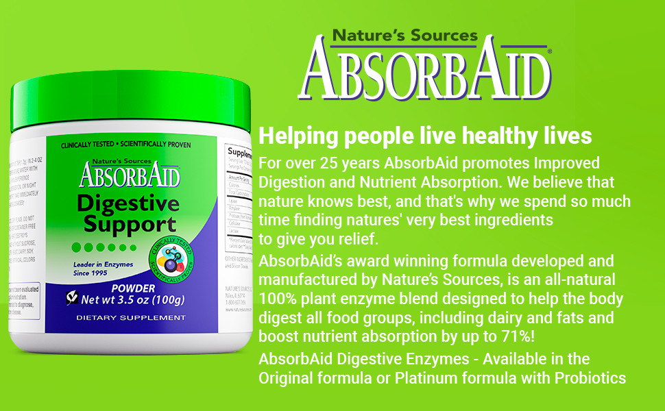 AbsorbAid 100g Powder -Natural Digestive Enzymes for gas, bloating & acid reflux