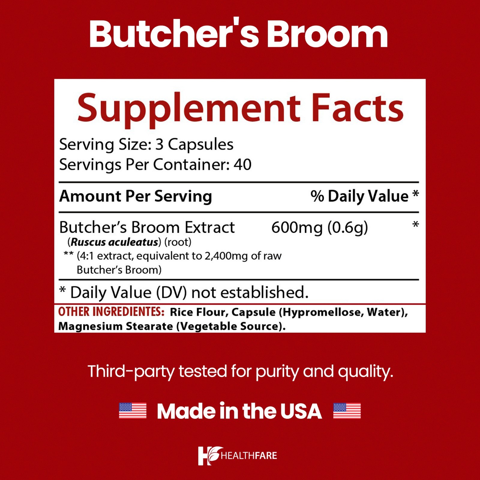 Healthfare Butchers Broom Capsules | 2400mg | 120 Count | Supports Blood
