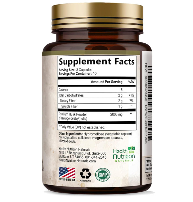 High Absorption Psyllium Husk Capsules 2000mg Daily Fiber Supplement, Psyllium..