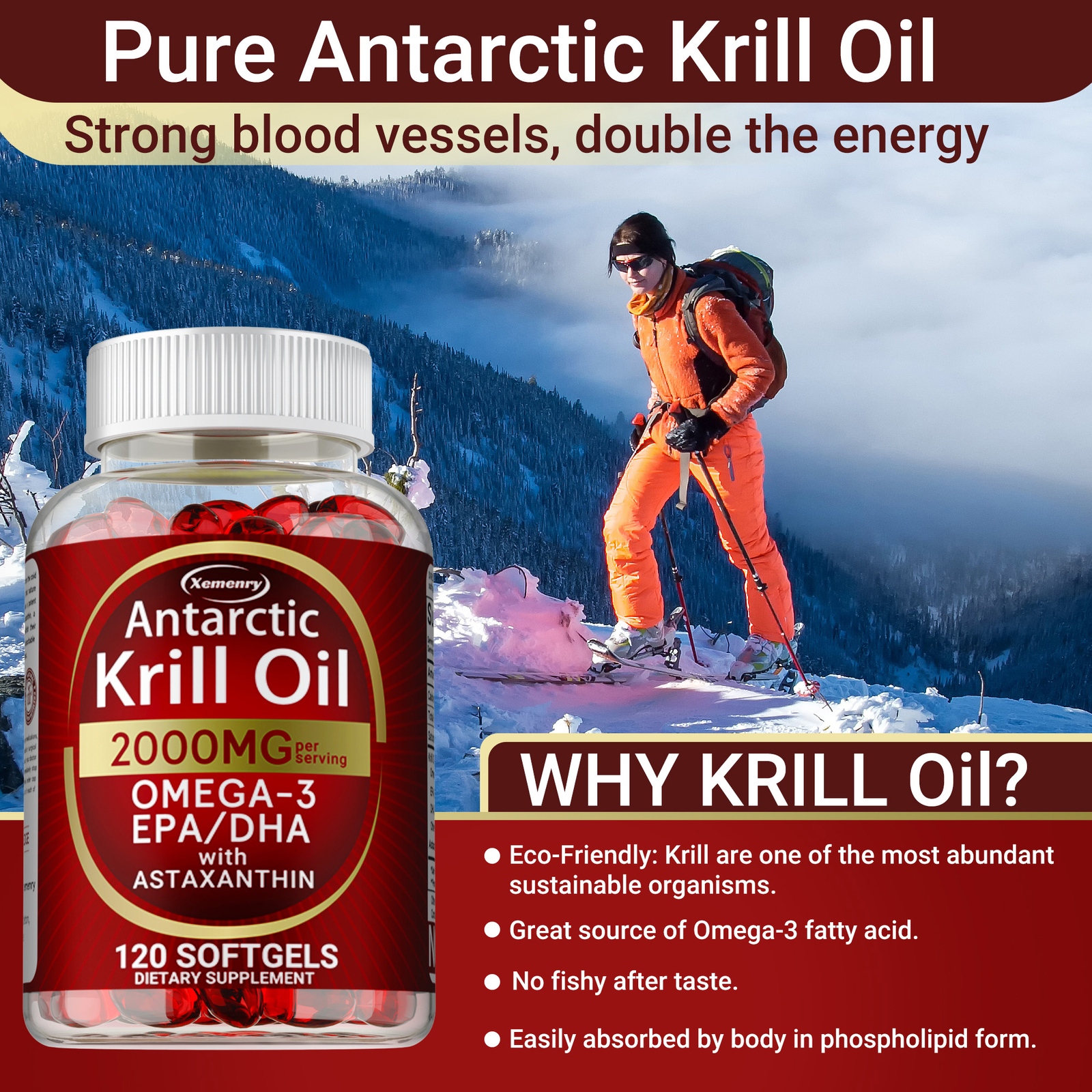 Antarctic Krill Oil 2000mg – Omega-3,EPA, DHA, Astaxanthin,Heart and Skin Health