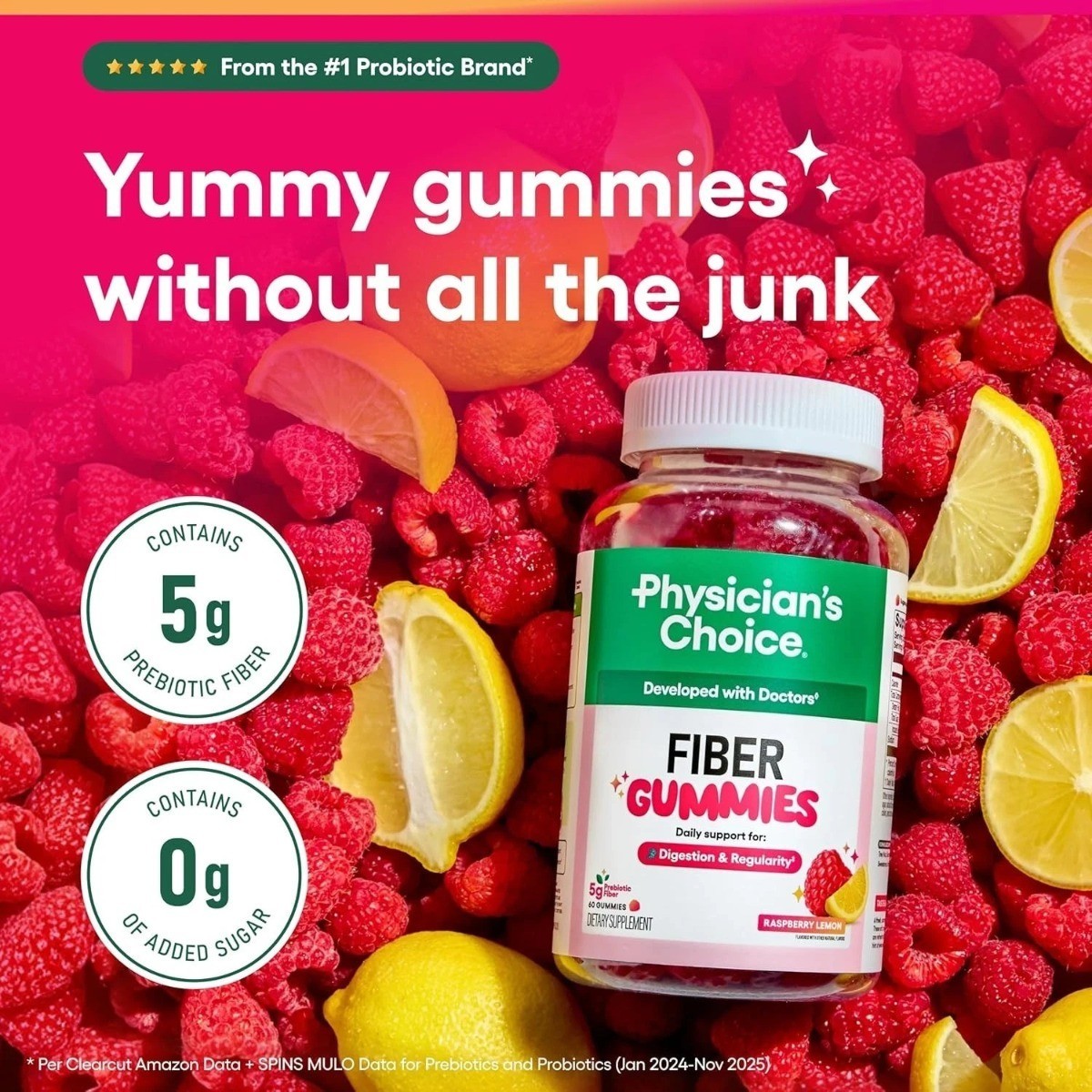 Physician’s Choice Fiber Gummies for Digestive Health & Regularity + Raspberry L
