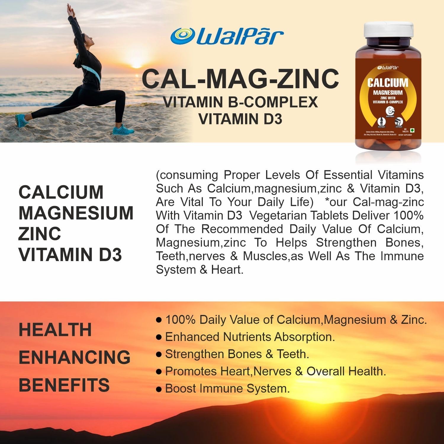 3 Pack WAL.PAR Calcium Citrate 1300mg Magnesium Zinc D3 B12
