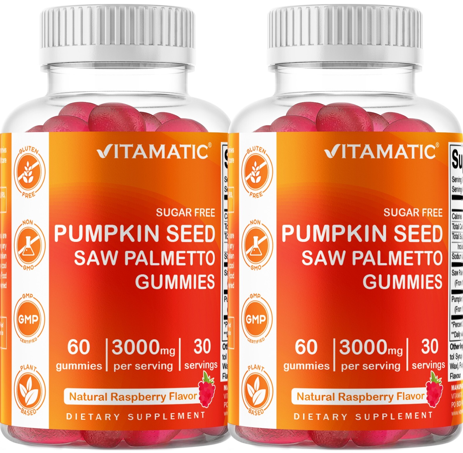 Vitamatic 2 Packs Sugar Free Pumpkin Seed Gummies Natural Raspberry Flavor-60 ct