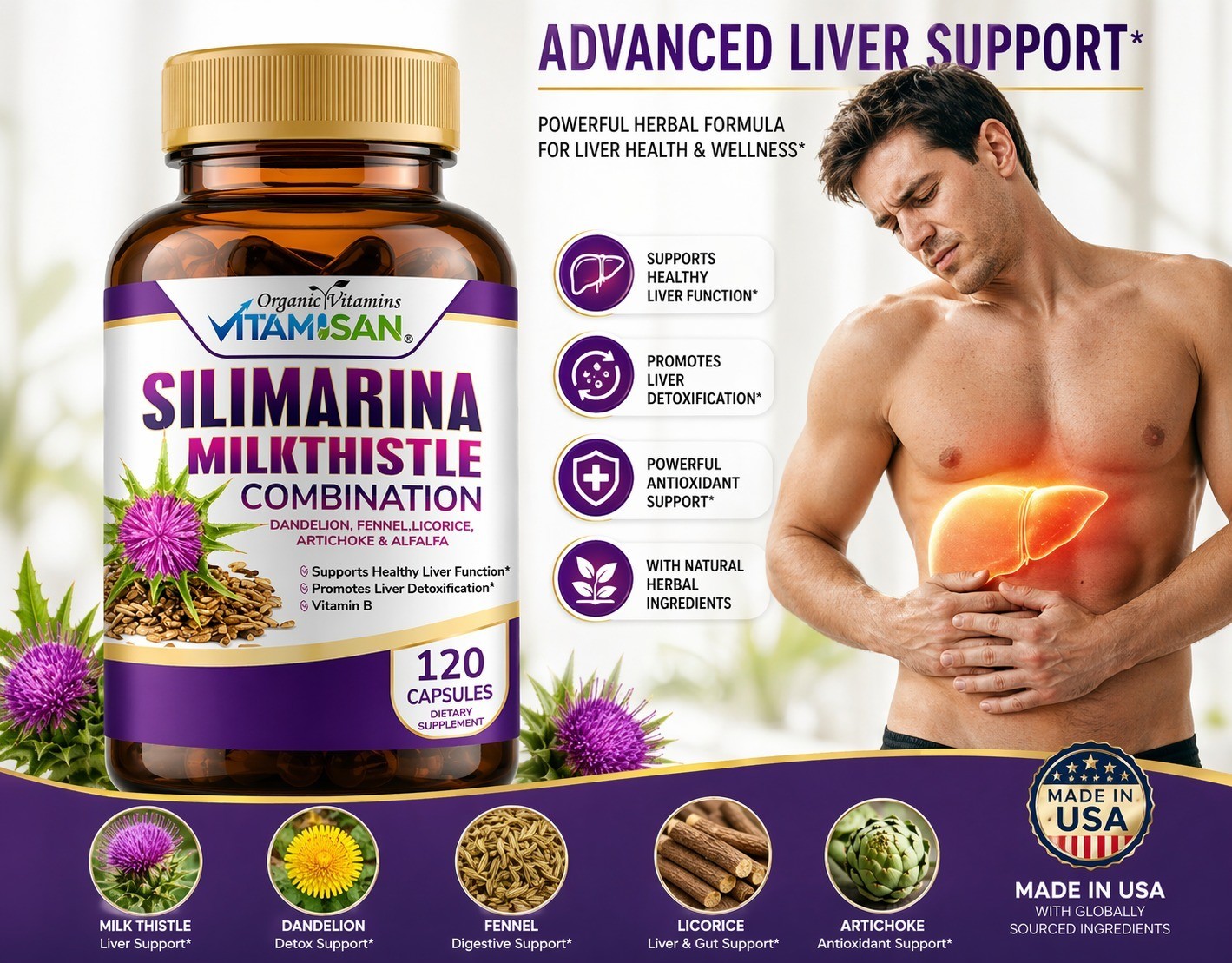 Liver Cleanser, Detox support Silymarin Milk Thistle 120 cleanse support 1448mg